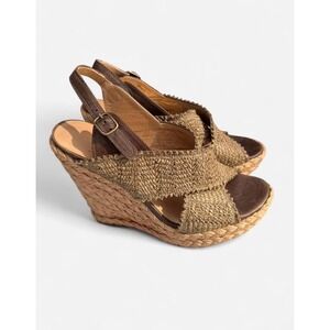 Stuart Weitzman W93991 Brown Woven Raffia Espadrille Wedge Sandals Womens 7.5 M